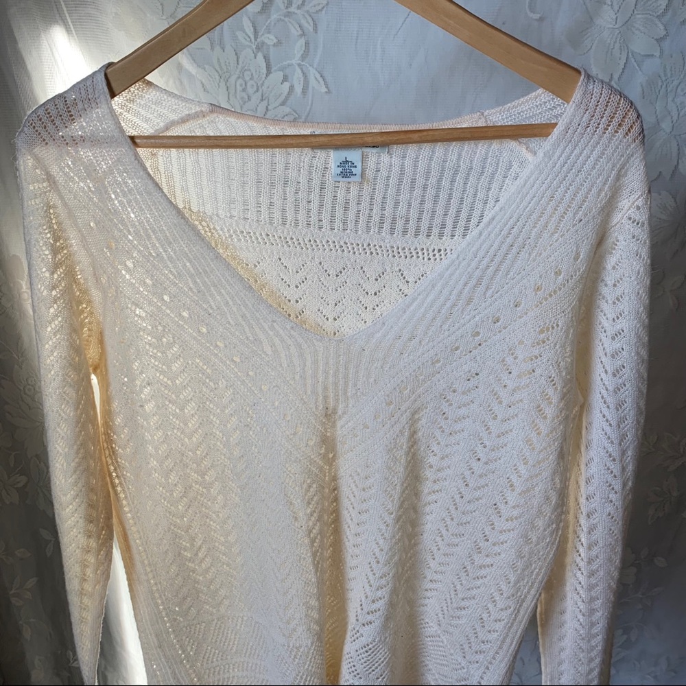 Vintage Ivory Merino Wool Sweater Pointelle Knit V-neck L - Picture 4 of 6